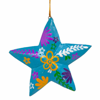 Teal hand-painted wood star, front view showing yellow and purple folk flower and leaf motifs, Bali