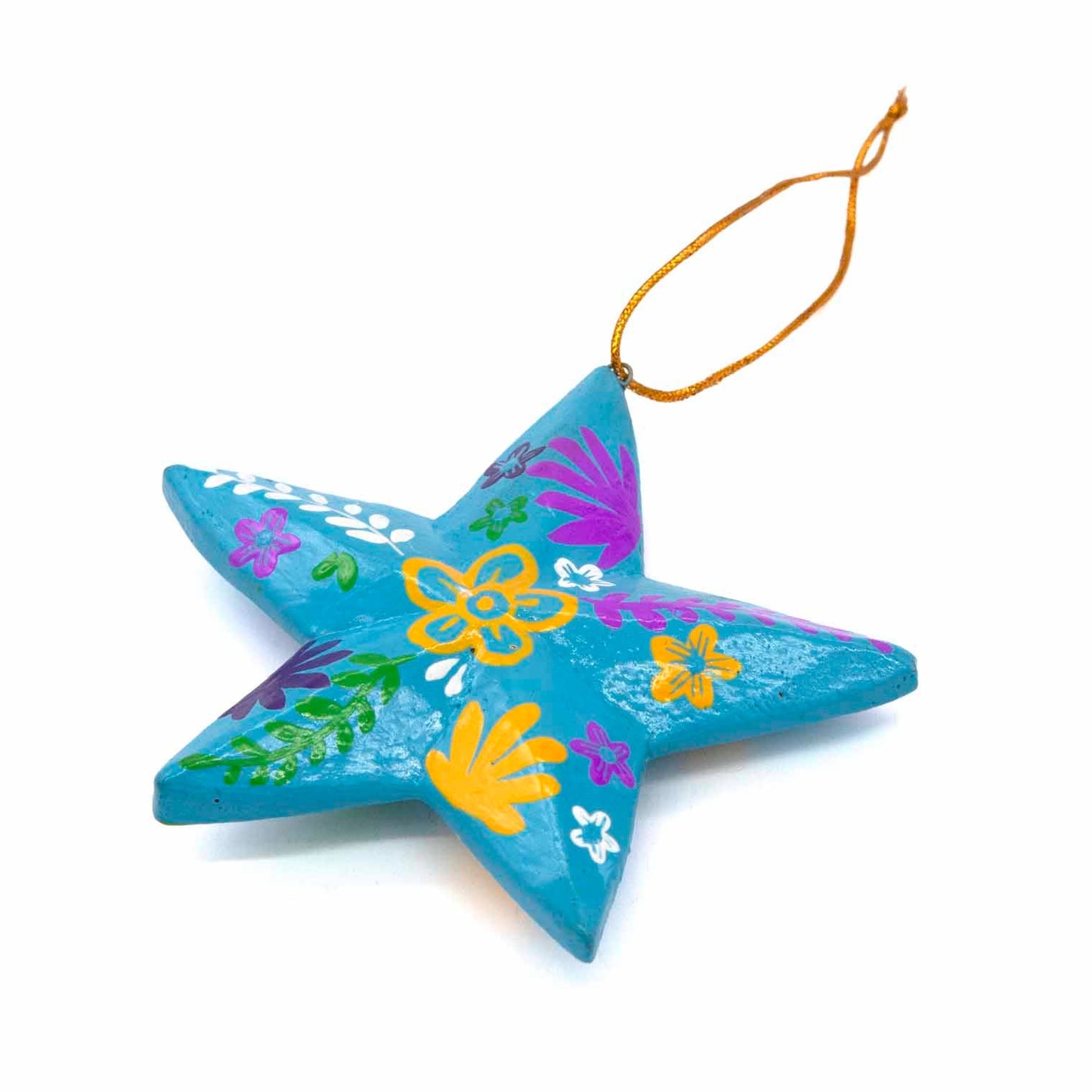 Teal hand-painted wood star, angled side view showing depth of form and gold cord