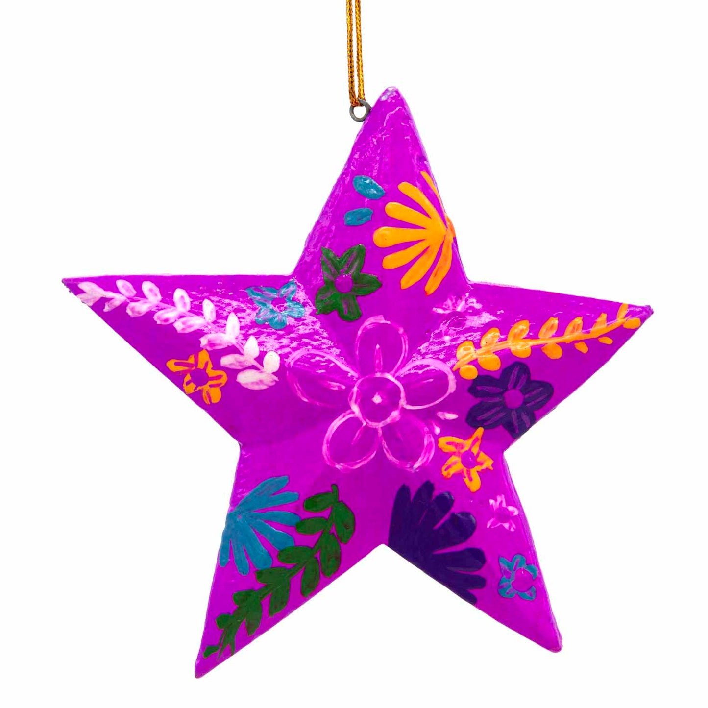 Magenta hand-painted wood star, front view with orange, teal and purple floral motifs, Bali Indonesia