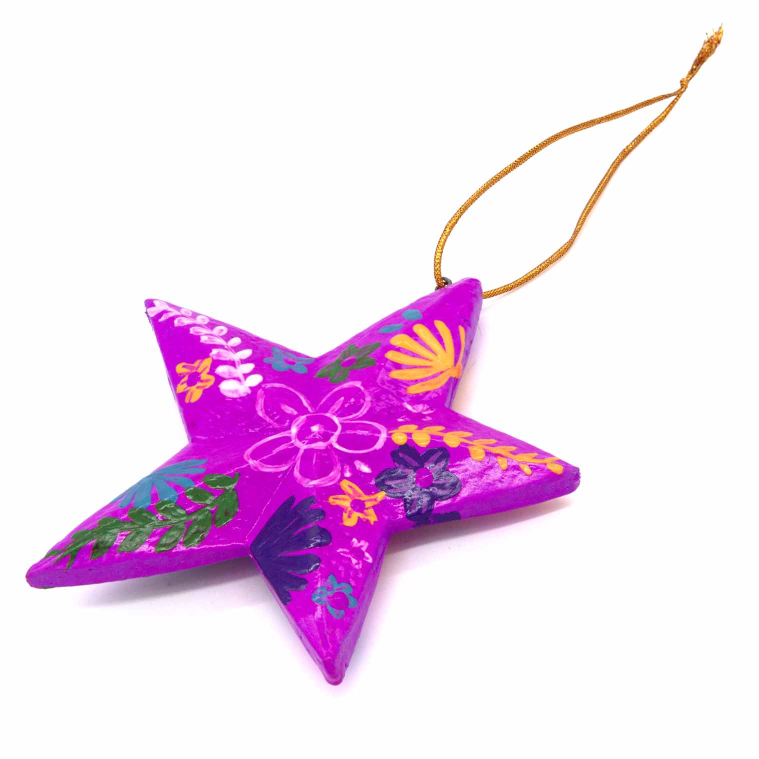 Magenta hand-painted wood star, angled view showing folk flower detail and gold hanging cord