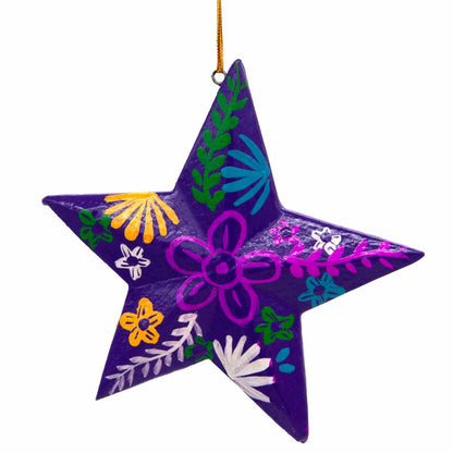 Deep purple hand-painted wood star, front view with magenta, yellow and white floral motifs, Bali
