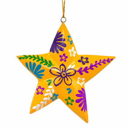 Yellow hand-painted wood star, front view on white background showing purple and white folk flower motifs