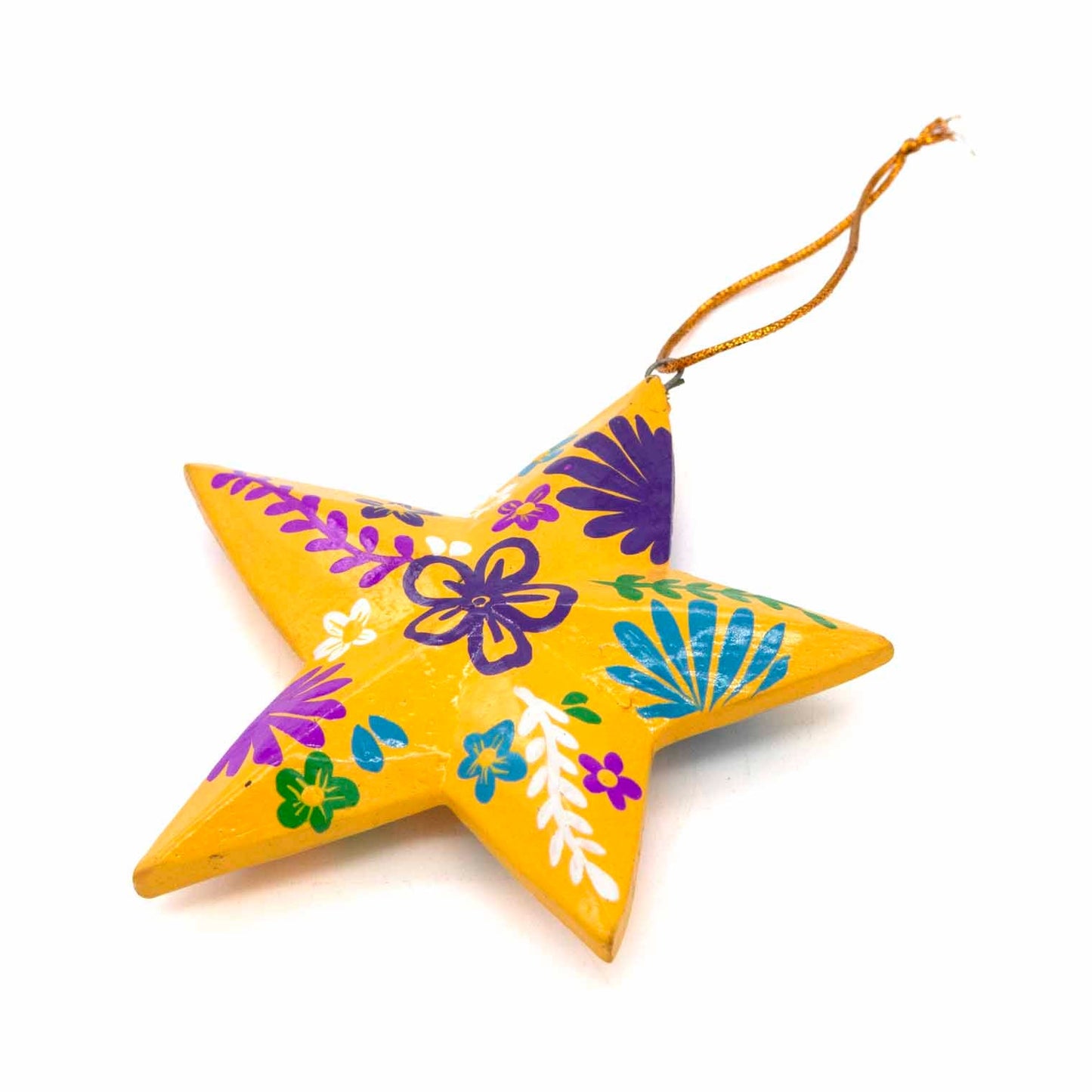 Yellow hand-painted wood star, angled view showing domed form and gold hanging cord, Bali Indonesia