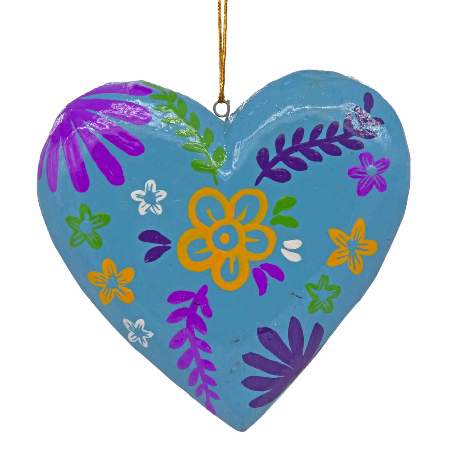 Teal hand-painted wood heart, front view showing yellow and purple folk flower motifs, Bali Indonesia