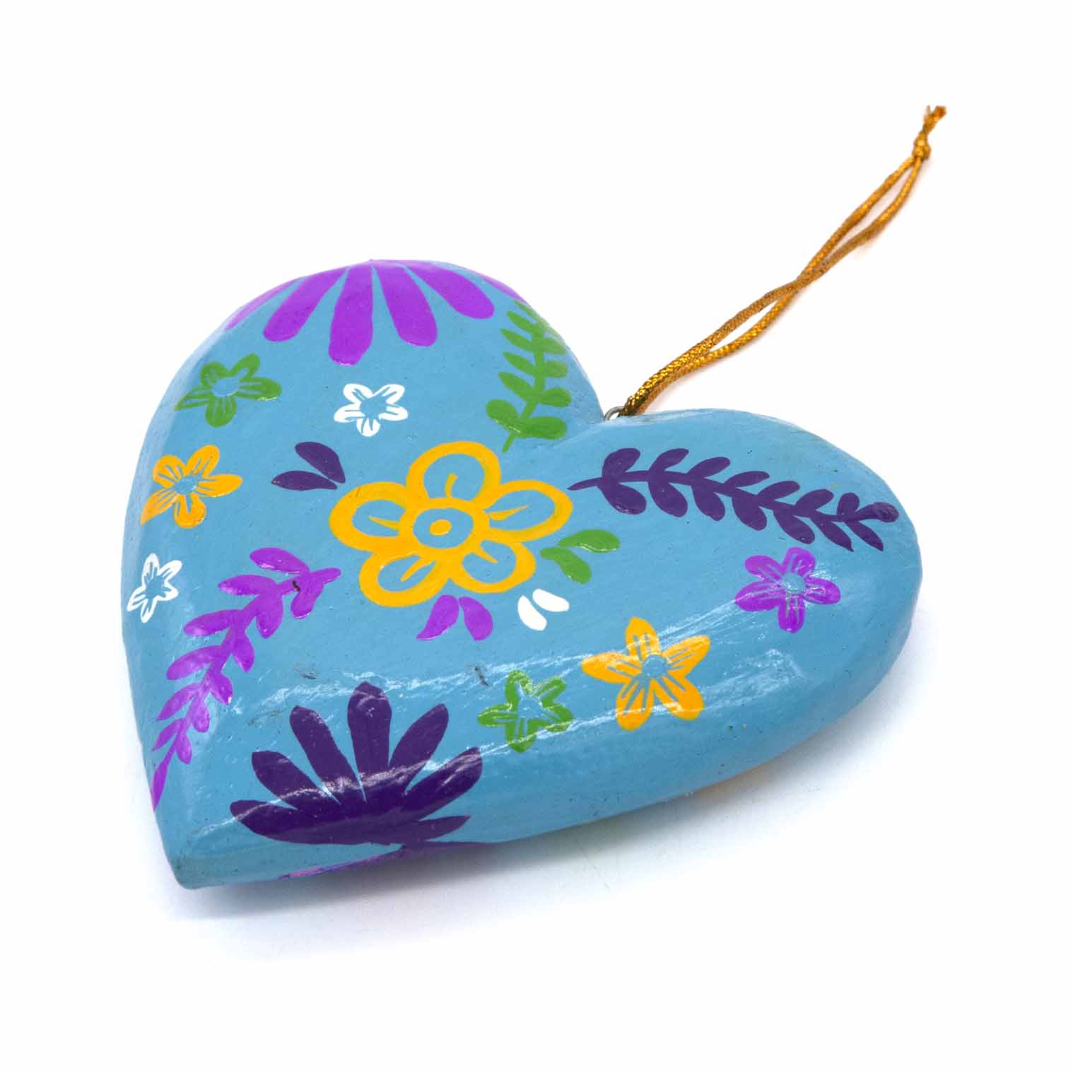 Teal hand-painted wood heart, angled view showing smooth domed surface and gold cord