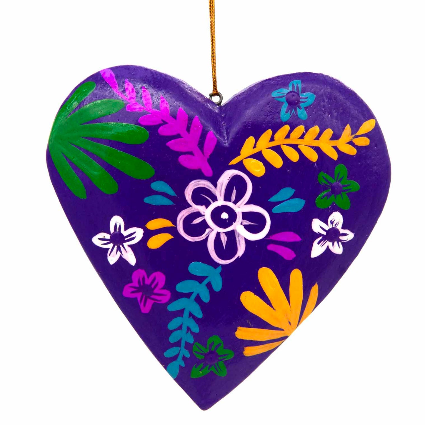 Deep purple hand-painted wood heart, front view with multicolour floral and leaf motifs, Bali Indonesia