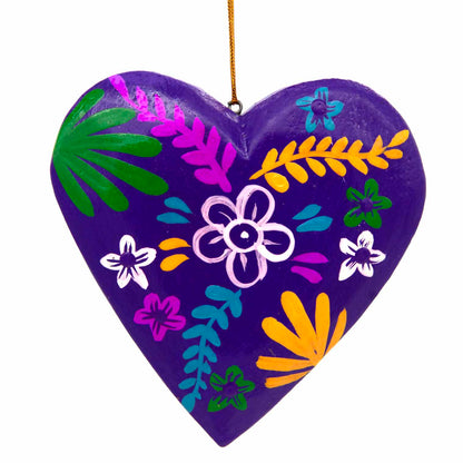 Deep purple hand-painted wood heart, front view with multicolour floral and leaf motifs, Bali Indonesia