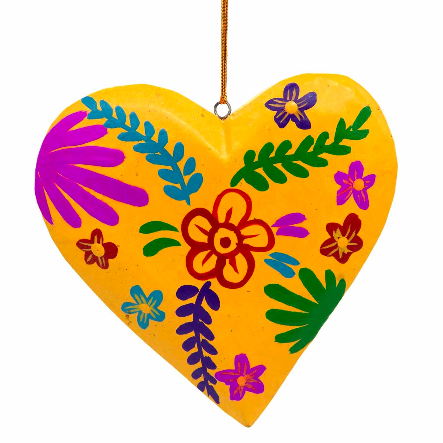 Yellow hand-painted wood heart, front view with purple, red and green floral motifs, Bali Indonesia
