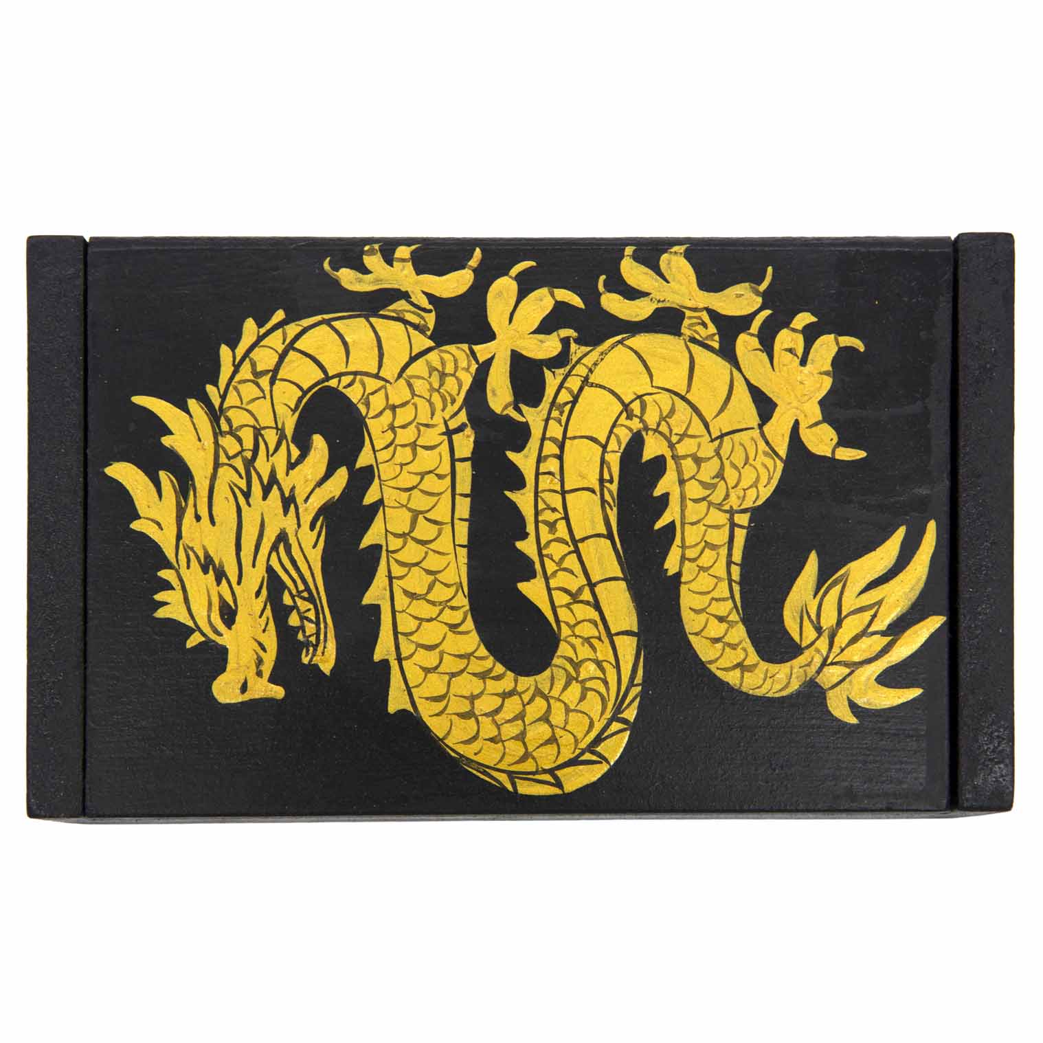 Top-down view of black wooden dragon box showing full gold dragon motif across the lid surface