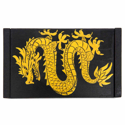 Top-down view of black wooden dragon box showing full gold dragon motif across the lid surface