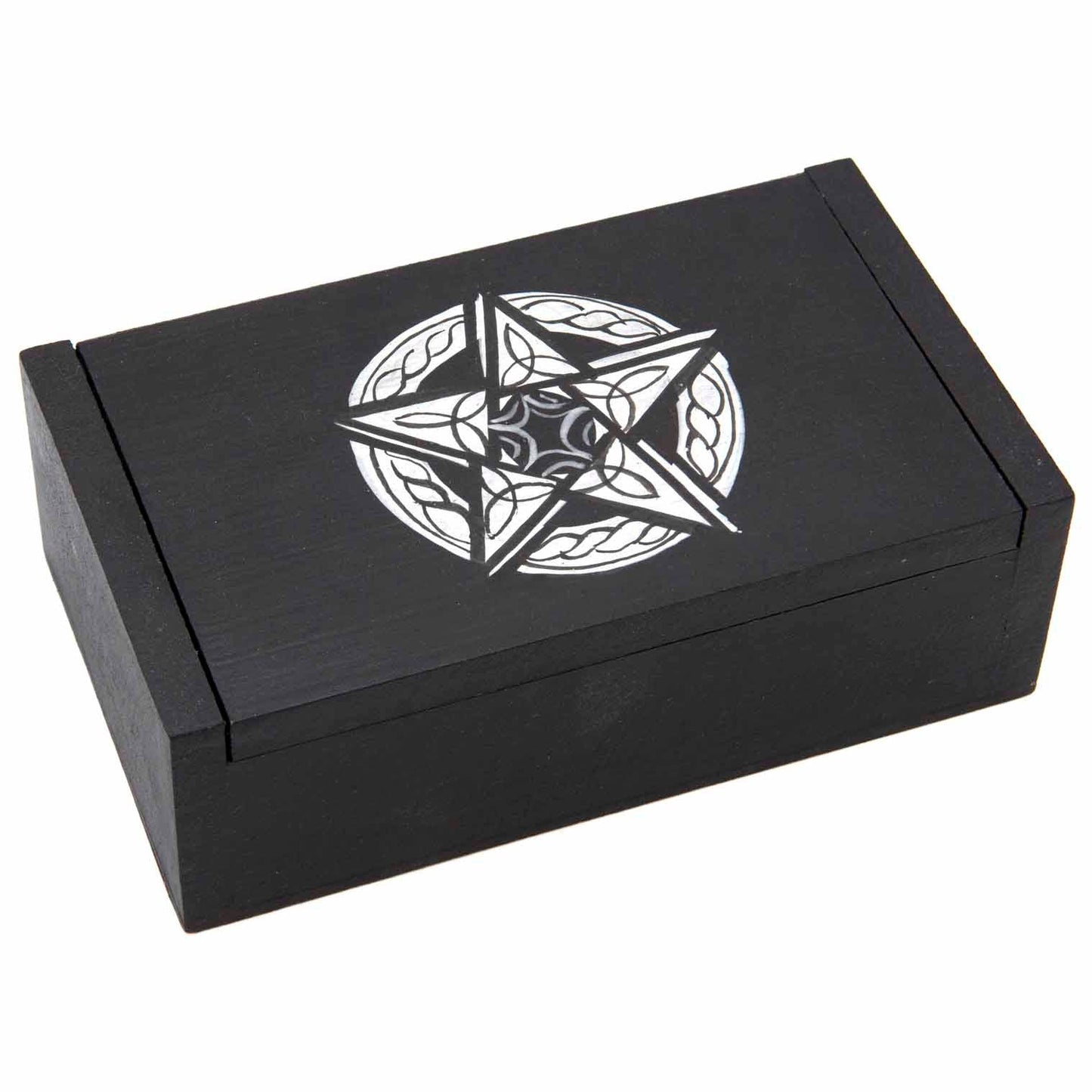 Three-quarter view of black wooden pentacle box on white background, silver and white star-in-circle design on lid