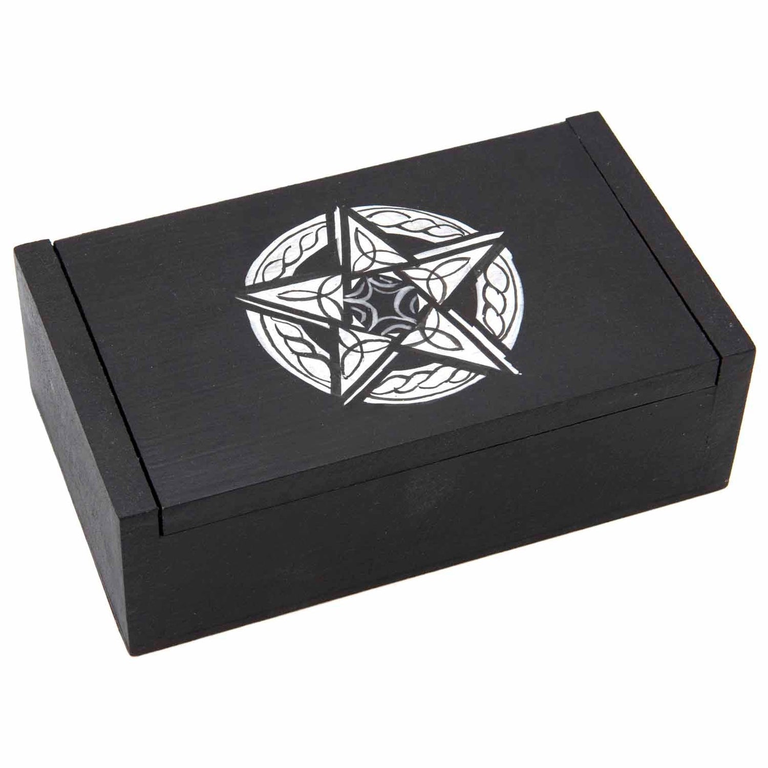 Three-quarter view of black wooden pentacle box on white background, silver and white star-in-circle design on lid