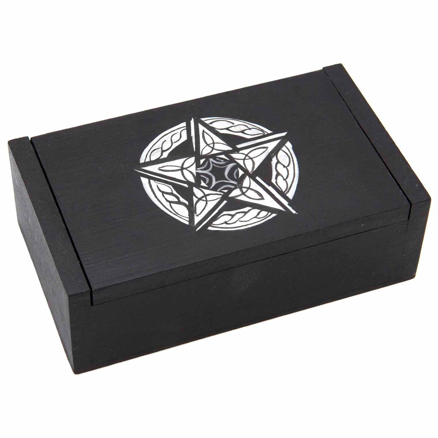 Three-quarter view of black wooden pentacle box on white background, silver and white star-in-circle design on lid