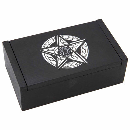 Three-quarter view of black wooden pentacle box on white background, silver and white star-in-circle design on lid