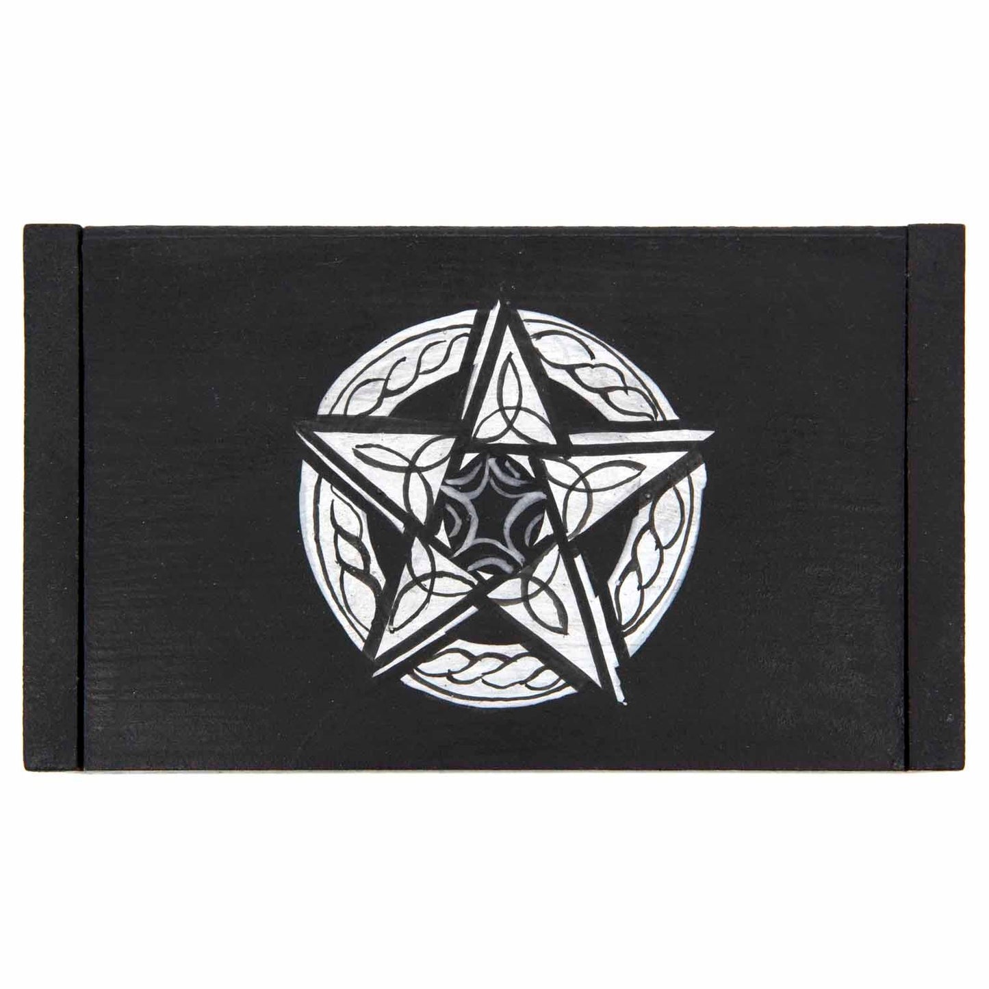 Top-down view of black wooden pentacle box showing full silver pentacle with knotwork and spiral detail on lid