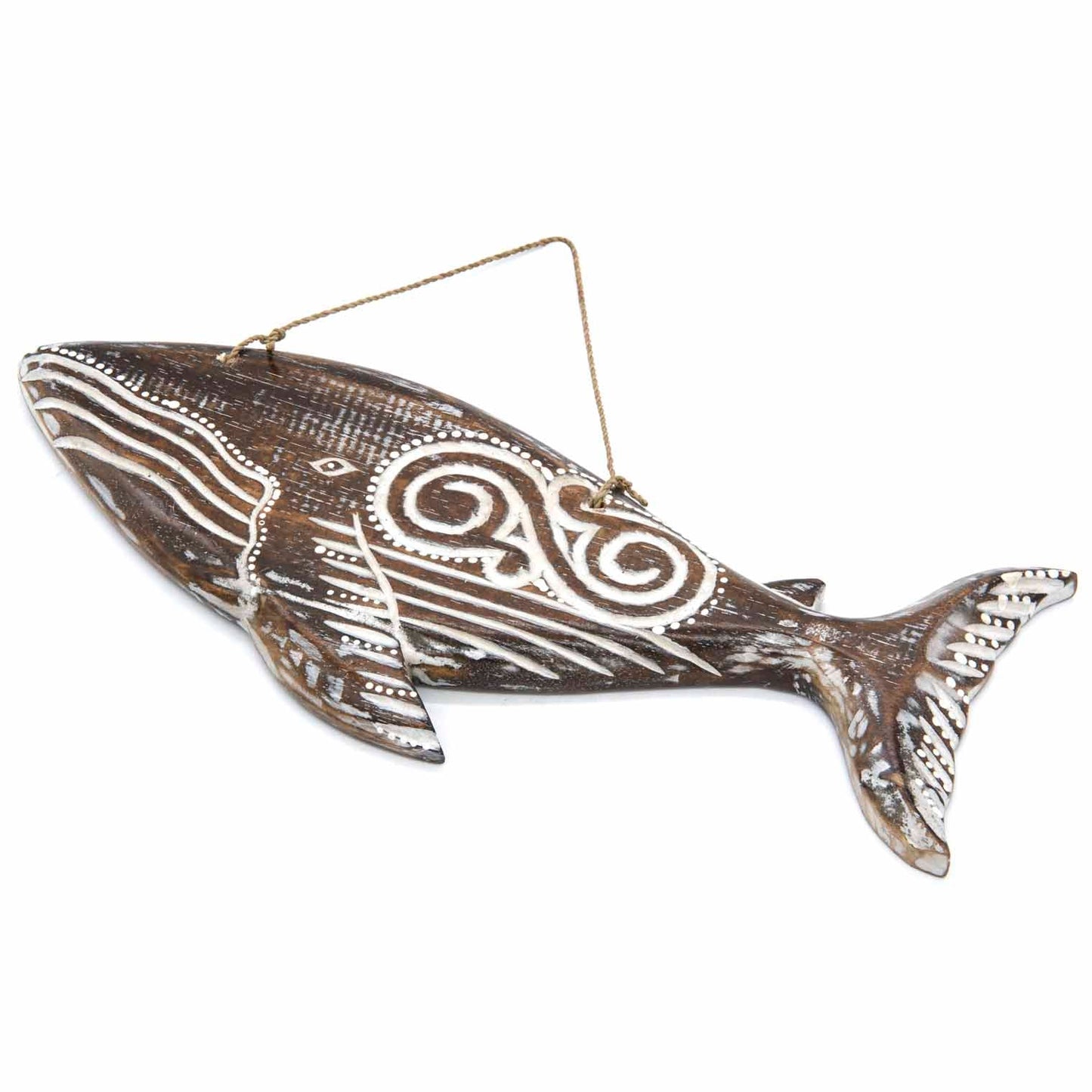 Hand-carved wooden whale plaque with tribal-style relief carving, made by artisans in Bali, Indonesia