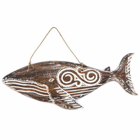 Hand-carved wooden whale plaque with tribal-style relief carving, made by artisans in Bali, Indonesia