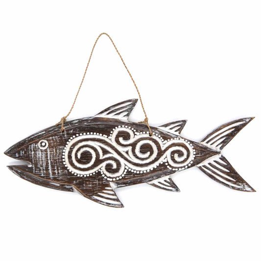 Hand-carved wooden fish plaque with flowing tribal-style relief carving, made by artisans in Bali, Indonesia