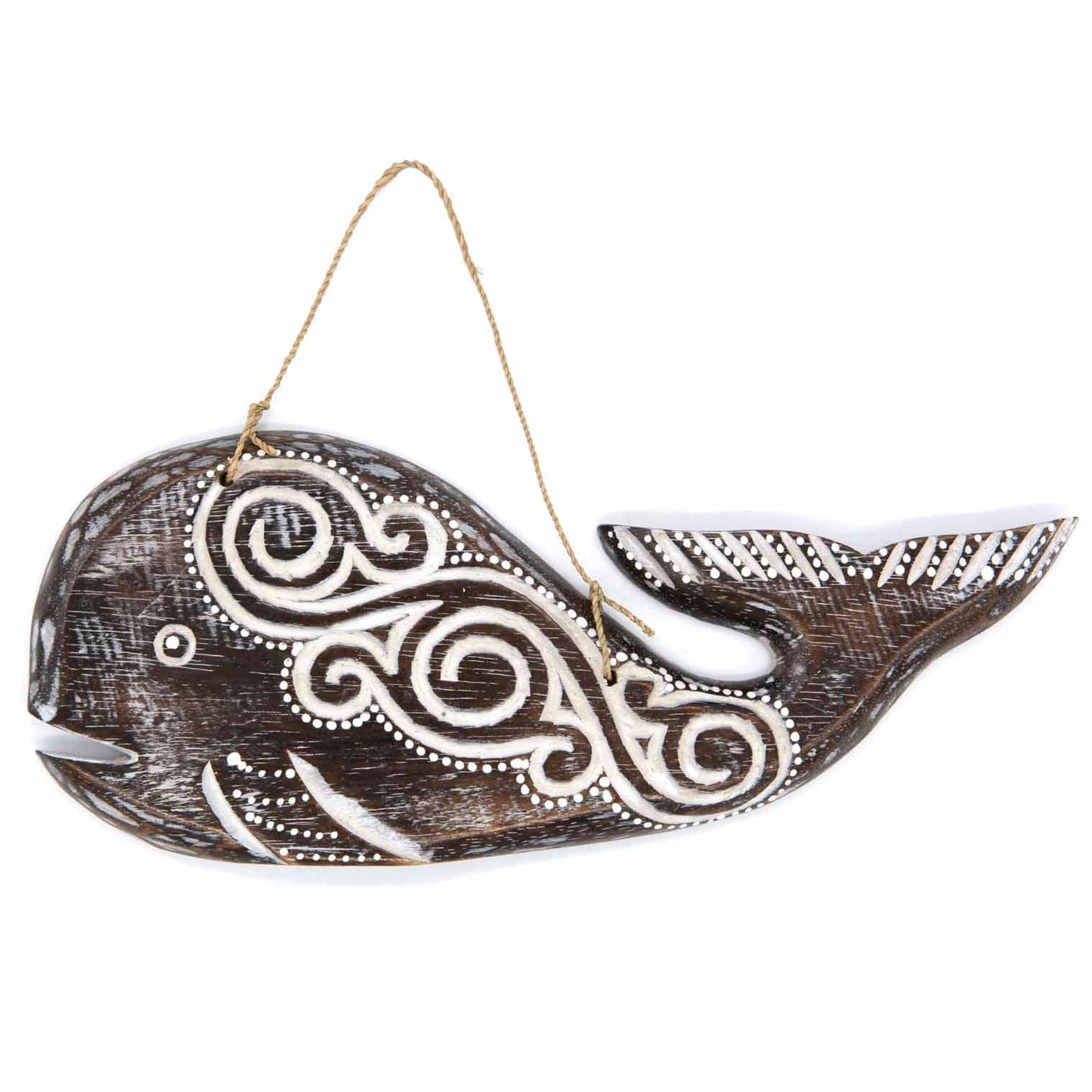 Round hand-carved wooden whale plaque with wave-like tribal-style relief carving, made by artisans in Bali, Indonesia