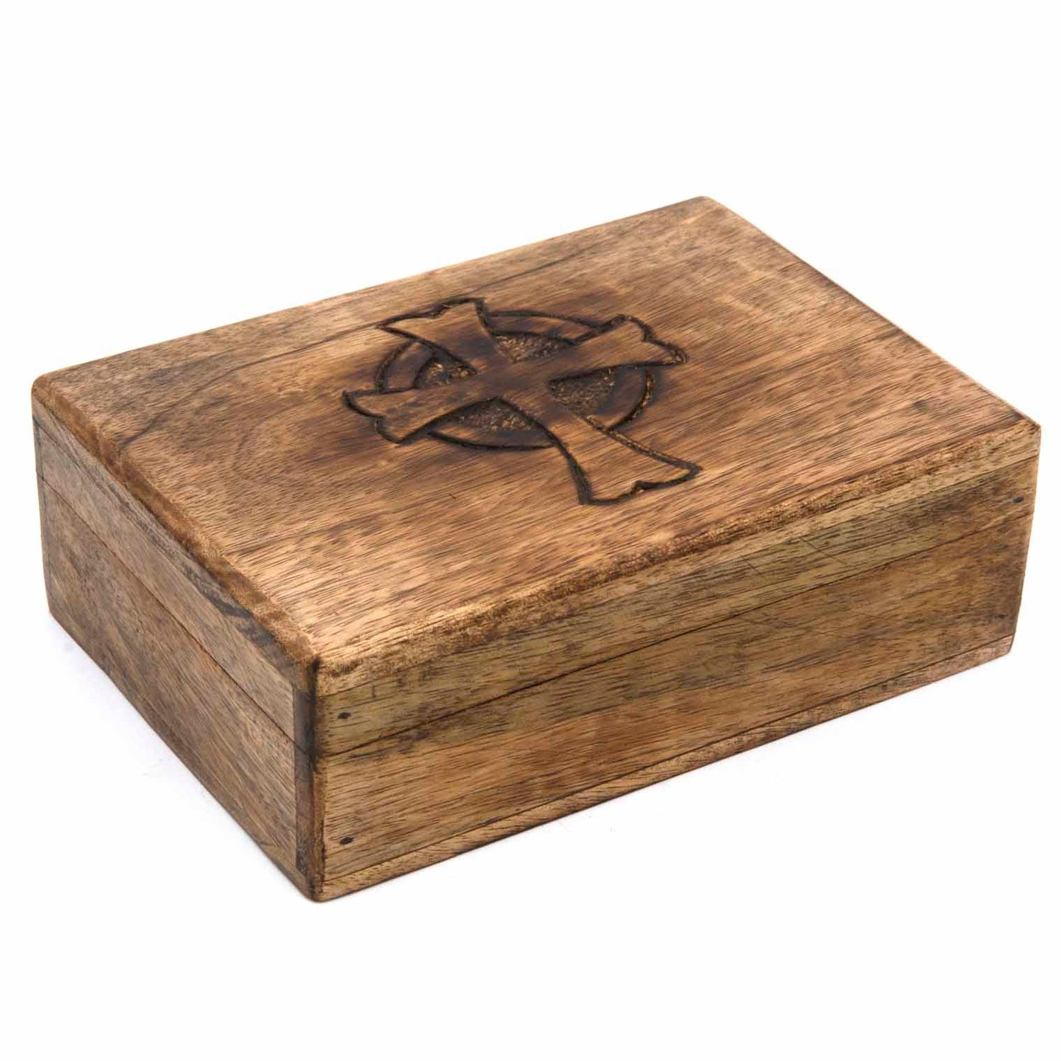 Mango wood Celtic cross box, three-quarter view on white background showing grain and engraving