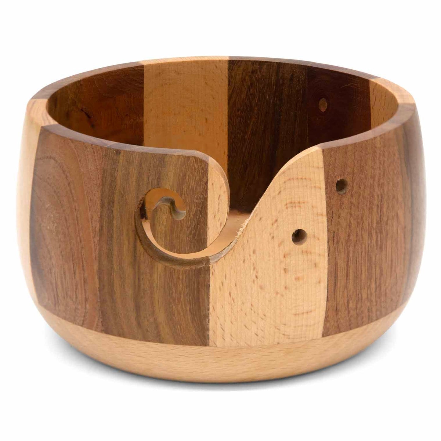 Turned hardwood yarn bowl with dark and pale striped wood, carved spiral yarn slot visible, India