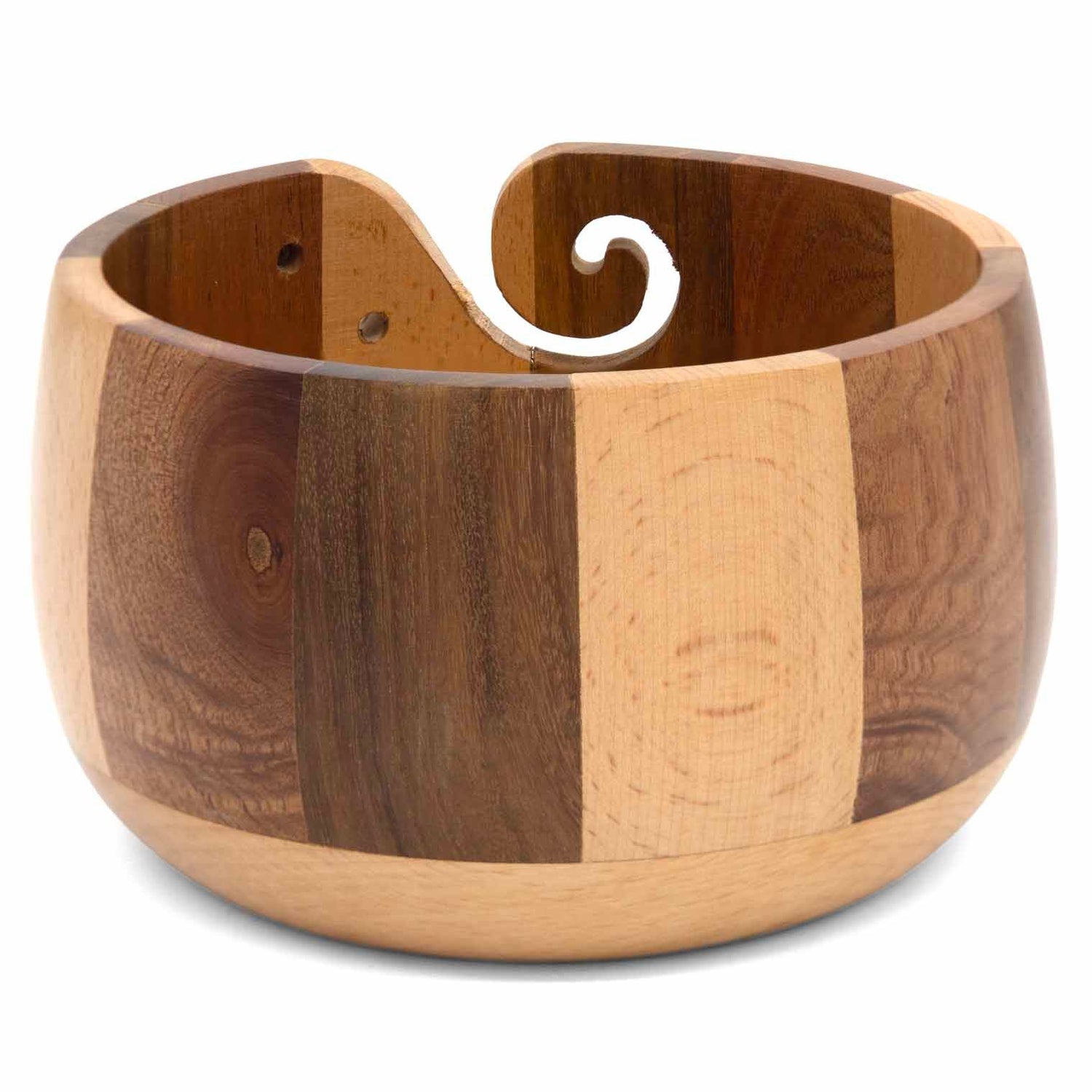Side view of striped hardwood yarn bowl showing alternating wood tones and spiral slot detail