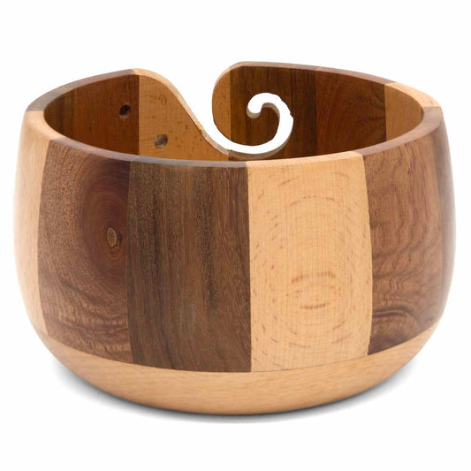 Side view of striped hardwood yarn bowl showing alternating wood tones and spiral slot detail