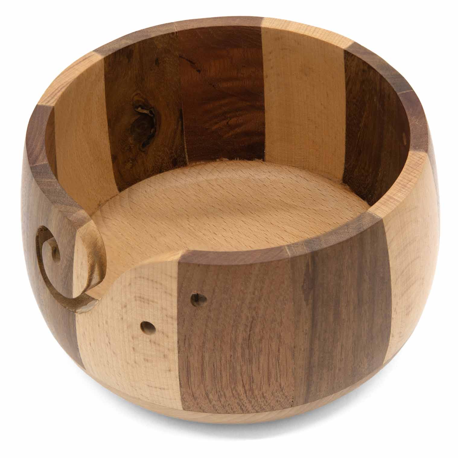 Top-down view of striped wood yarn bowl interior showing turned finish and spiral slot, India