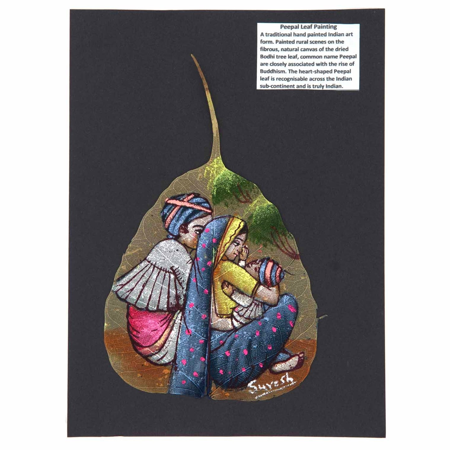 Hand-painted peepal leaf showing Indian miniature family scene in jewel colours, mounted on dark card, India