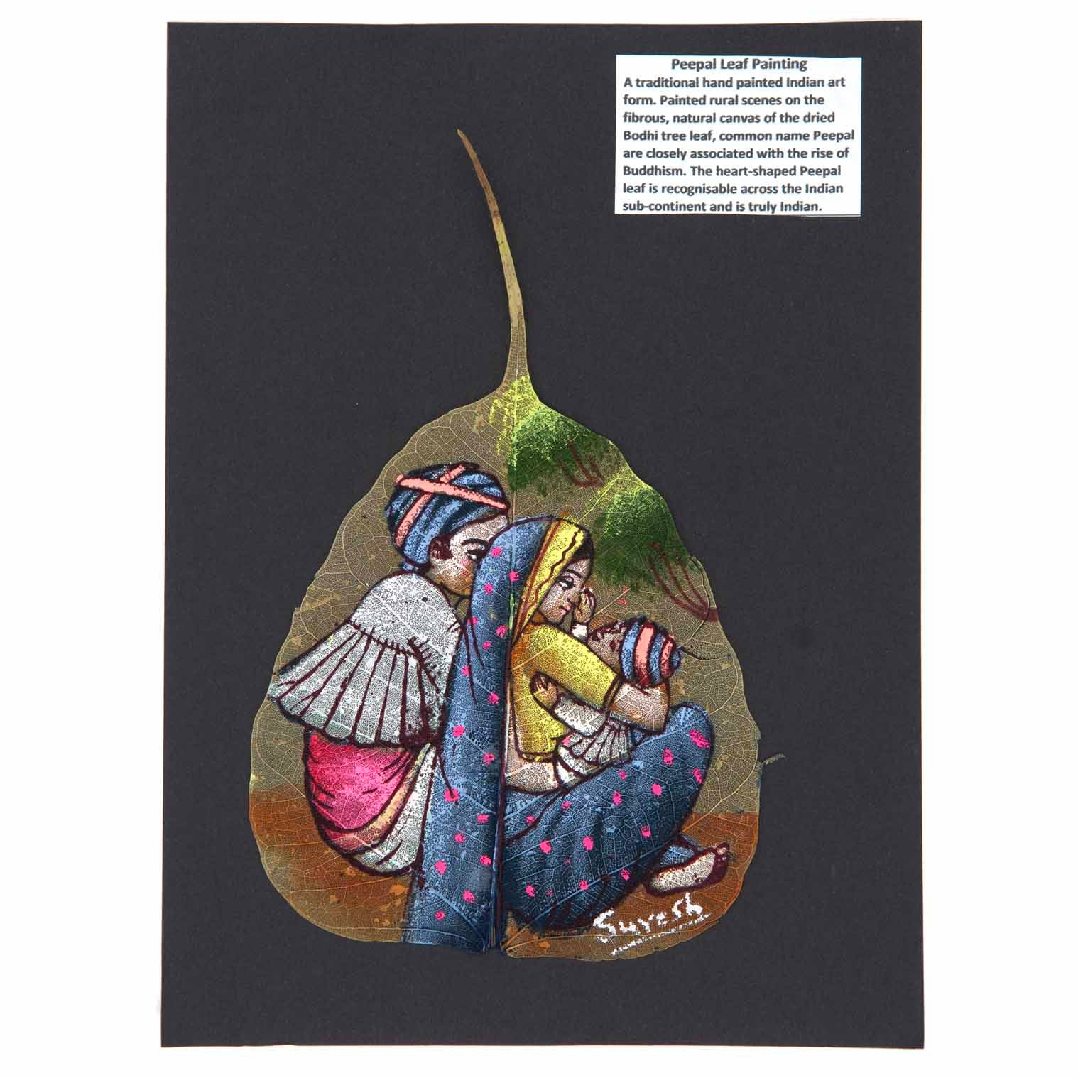 Hand-painted peepal leaf showing Indian miniature family scene in jewel colours, mounted on dark card, India