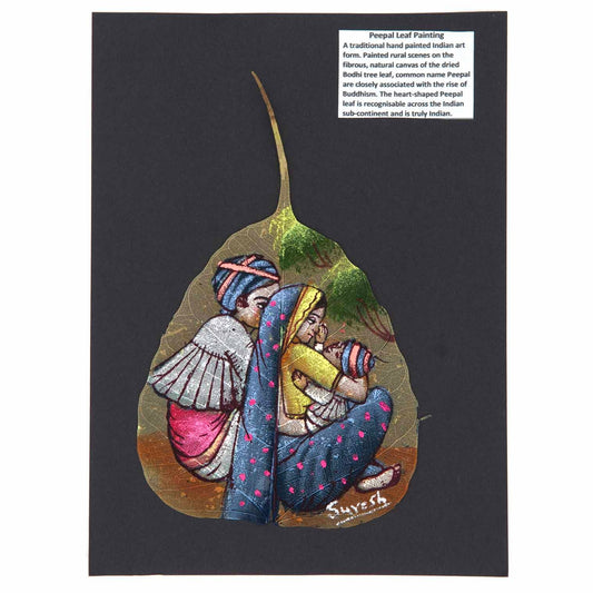 Hand-painted peepal leaf showing Indian miniature family scene in jewel colours, mounted on dark card, India