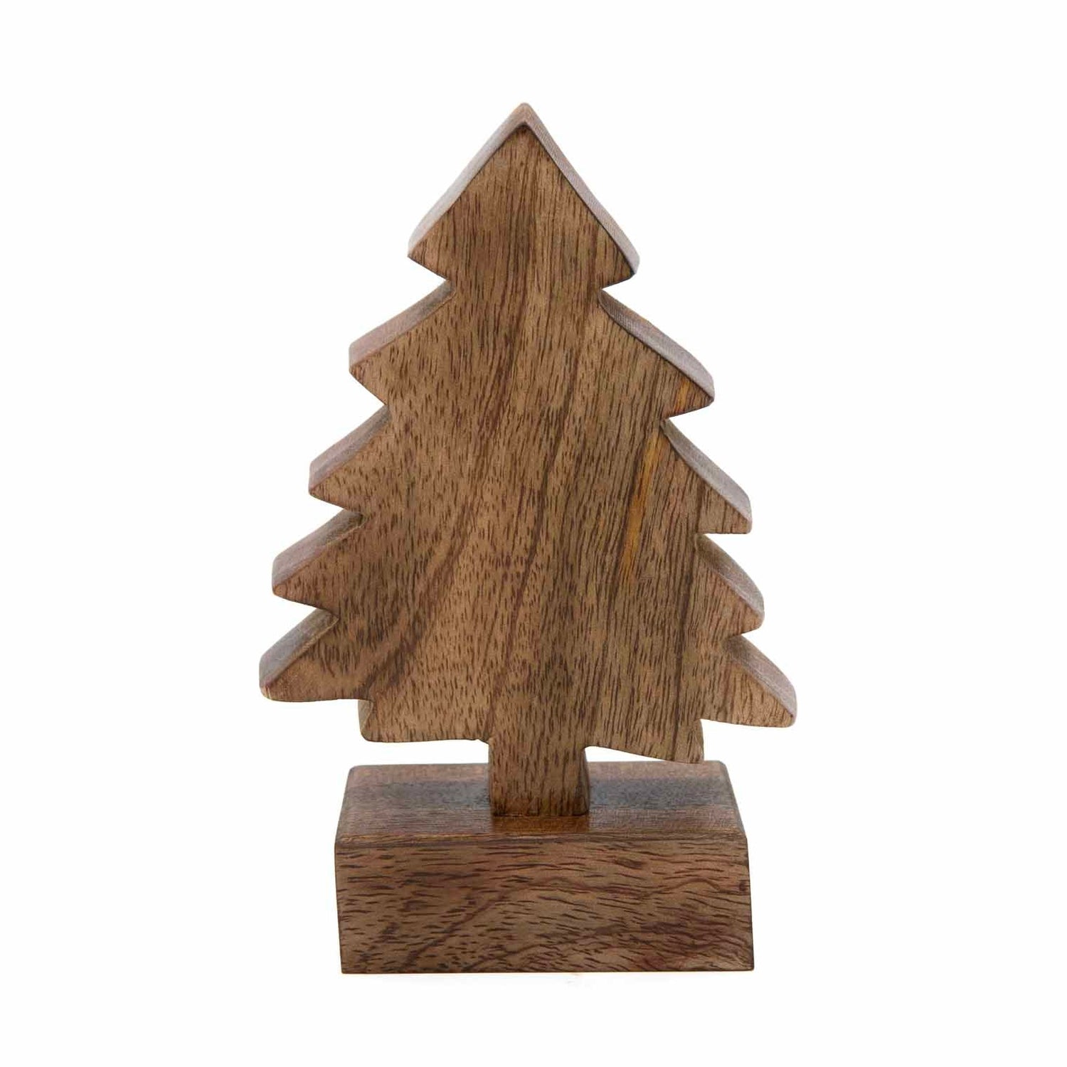 Small hand-carved mango wood Christmas tree on square base, front view, dark finish, India