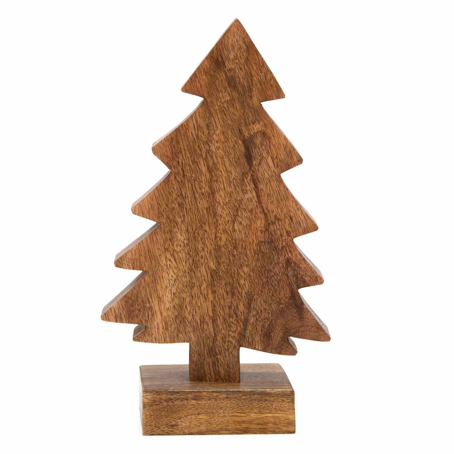 Medium hand-carved mango wood Christmas tree on square base, front view showing grain and dark finish, India