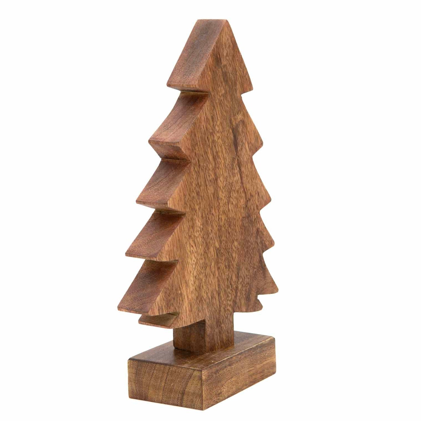 Medium carved mango wood Christmas tree, angled view showing depth of stepped branch layers