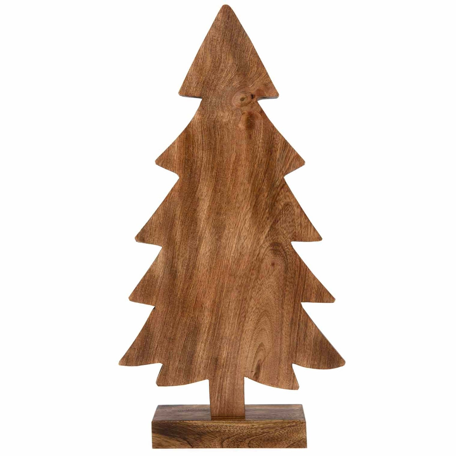 Large hand-carved mango wood Christmas tree on square base, front view showing prominent grain and knot detail, India