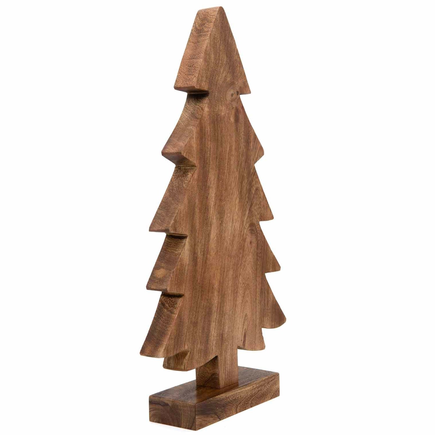 Large carved mango wood Christmas tree, angled side view showing depth of stepped branches and dark finish