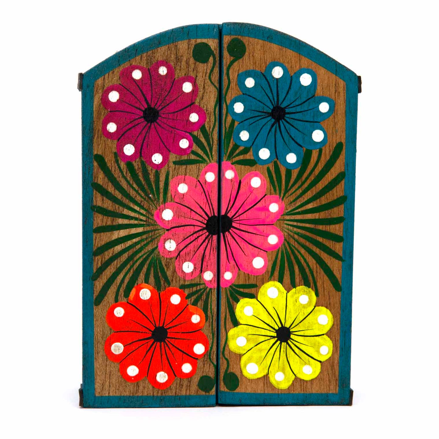 Retablo closed, front view showing hand-painted folk flowers in pink, blue, red and yellow on natural wood doors