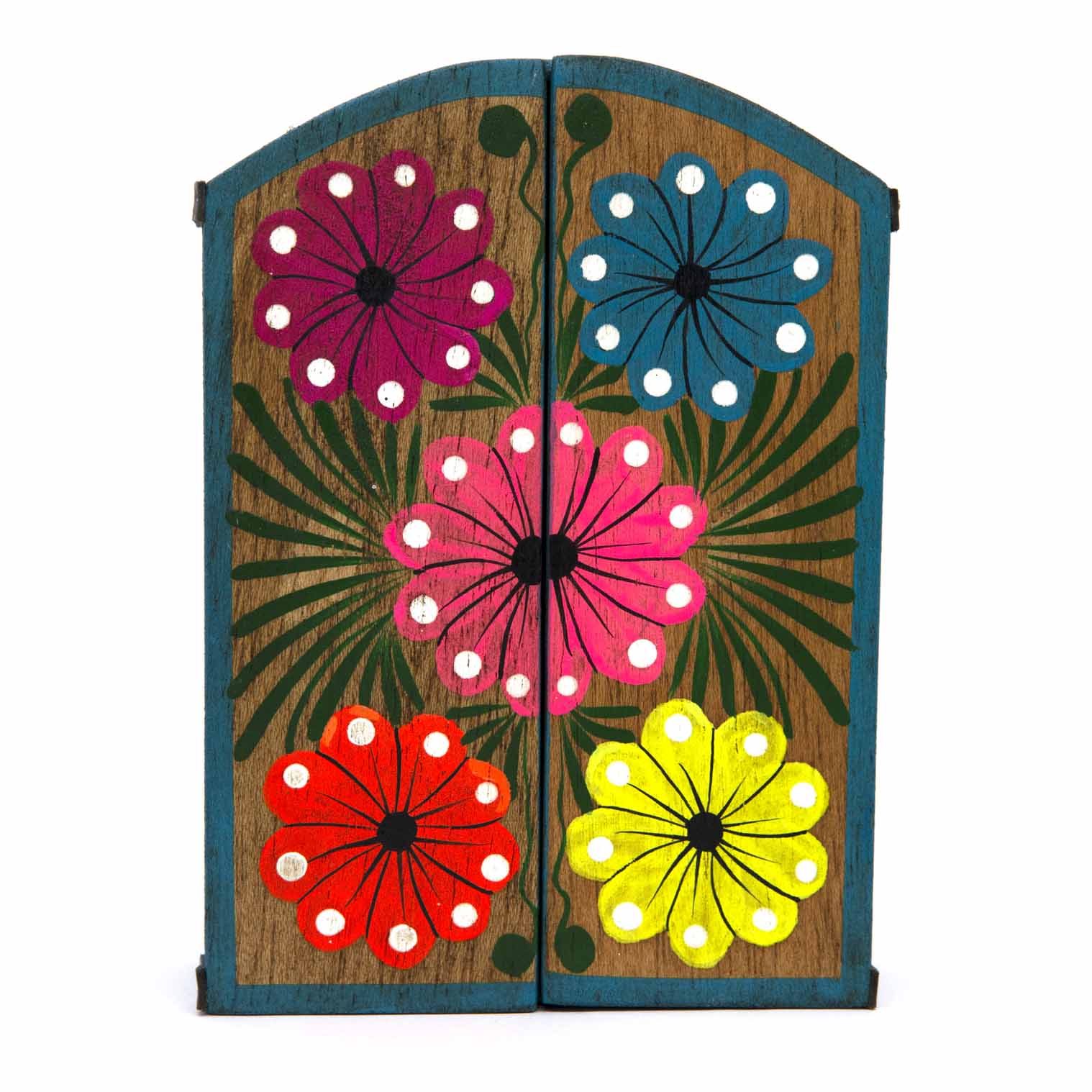 Retablo closed, front view showing hand-painted folk flowers in pink, blue, red and yellow on natural wood doors