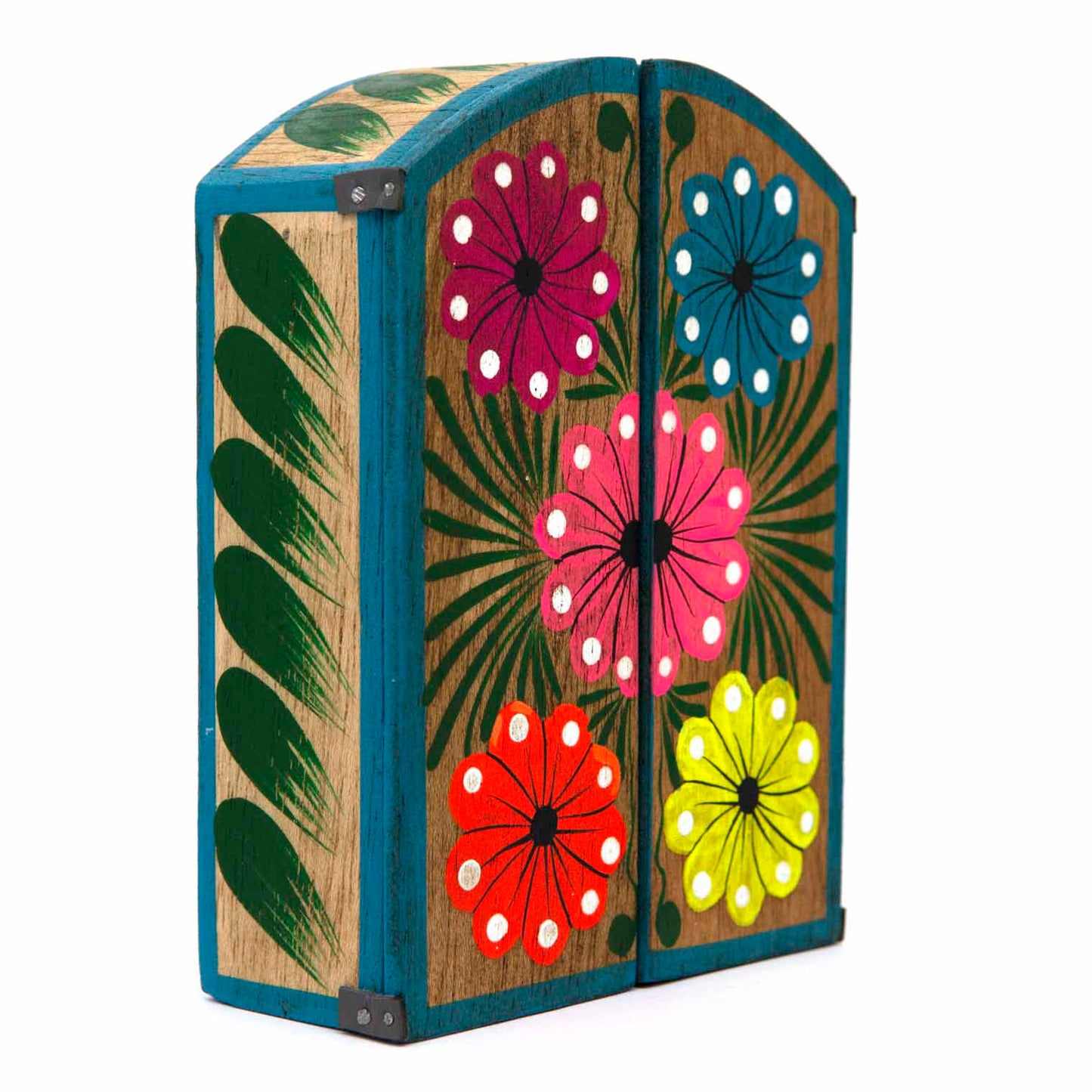 Retablo closed, side-angle view showing painted flower doors and green leaf motif on side panel
