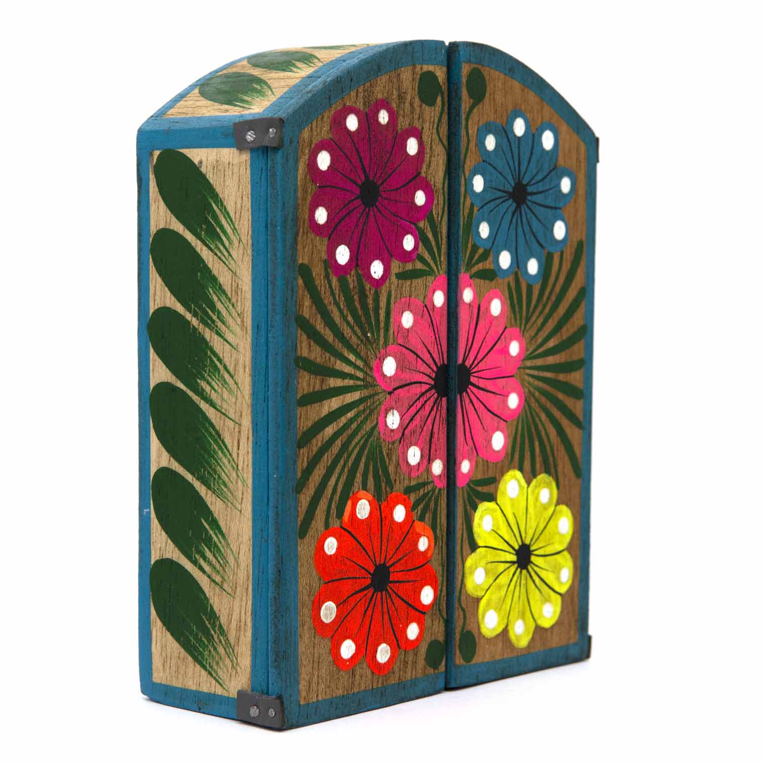 Retablo closed, side-angle view showing painted flower doors and green leaf motif on side panel