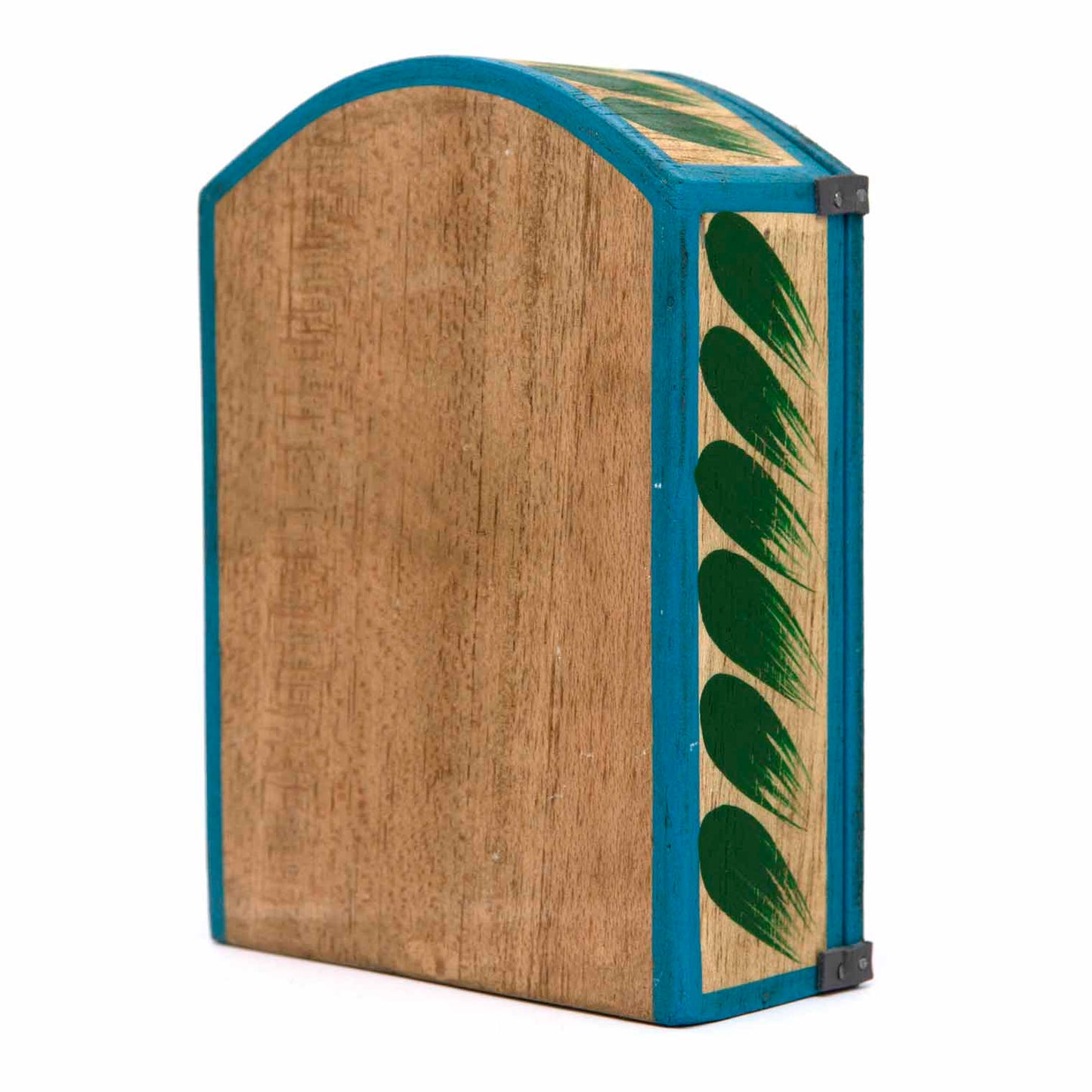 Retablo closed, side view showing plain natural wood grain and blue painted border