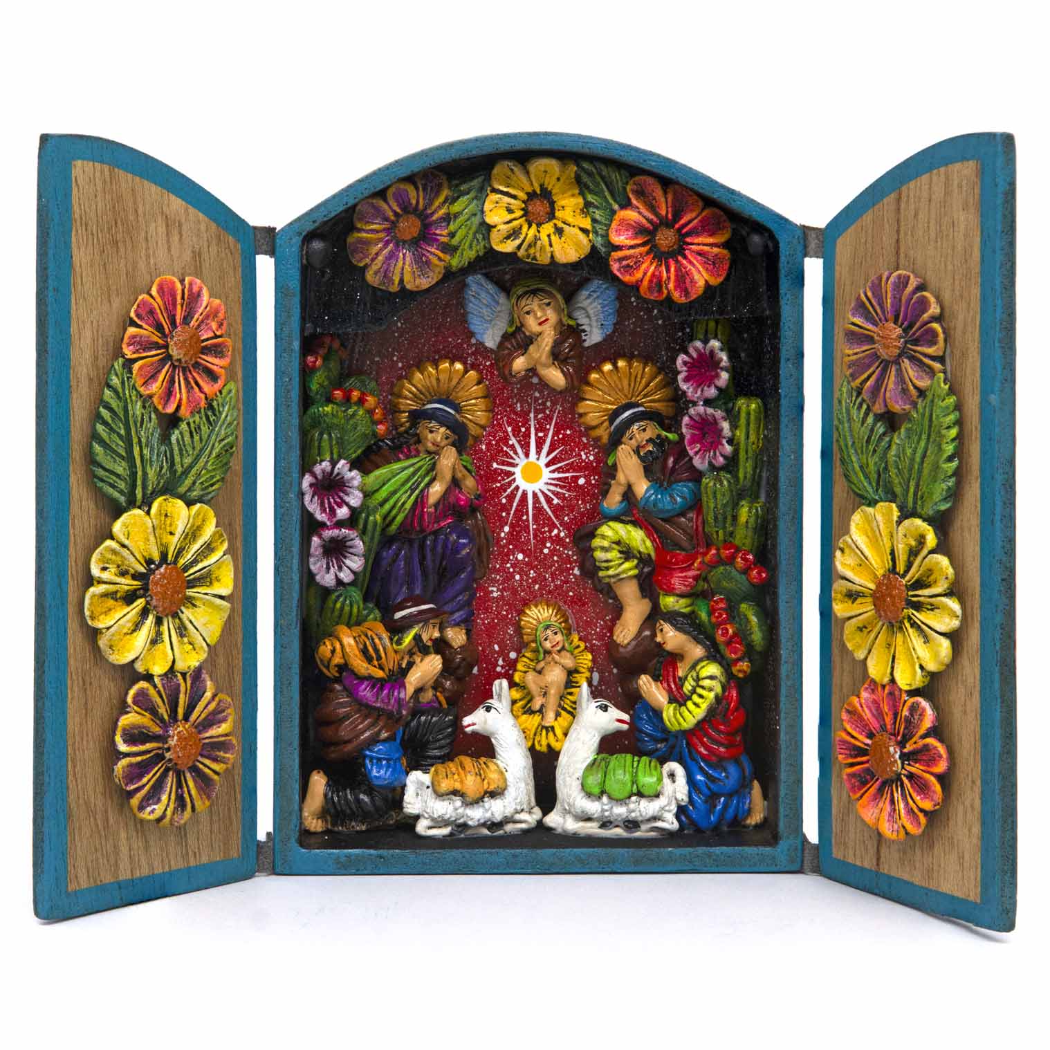 Arched nativity retablo fully open, front view, dense clay nativity scene with angel, Mary, Joseph and llamas, Peru