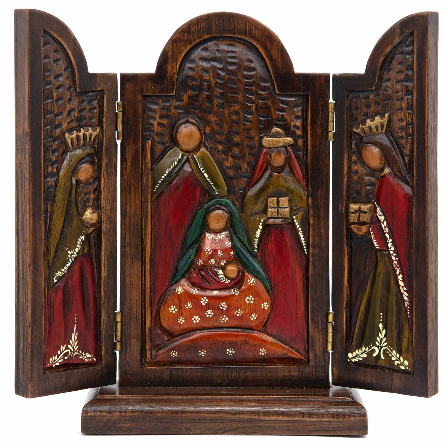 Cedar nativity triptych fully open, front view showing central nativity panel and two wise men on side panels, Peru
