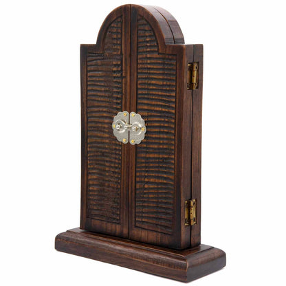 Cedar triptych closed, angled side view showing depth, brass hinges and base, Peru