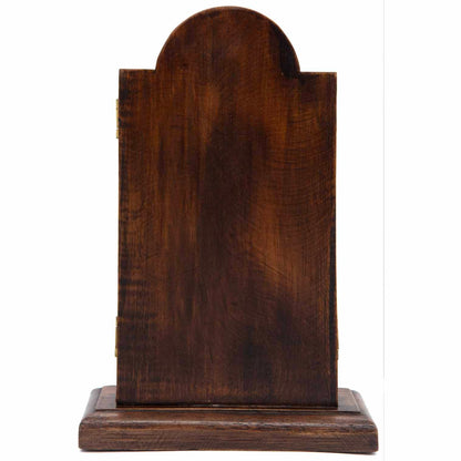 Cedar triptych closed, rear view showing plain cedar grain and arched top