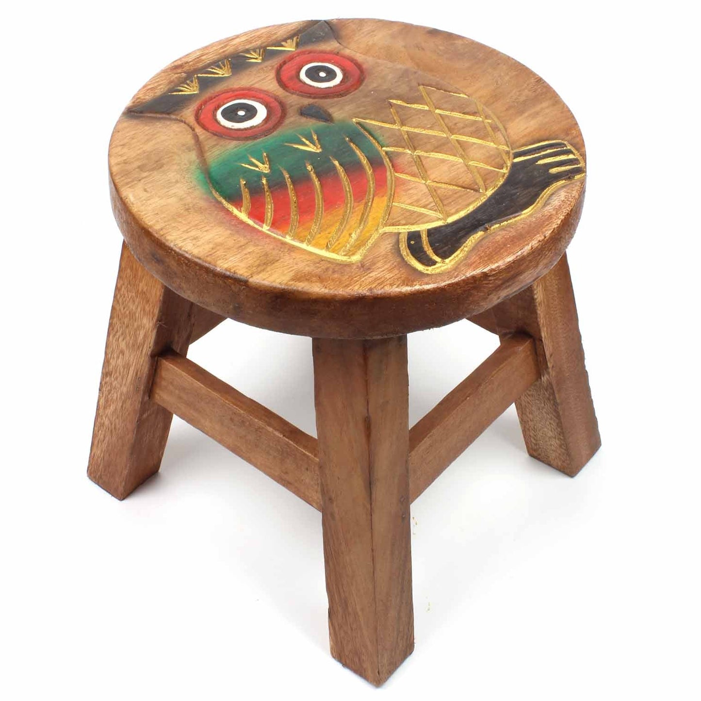 Carved owl stool in Raintree wood on white background, showing teal and red wing detail and cross-hatched chest carving