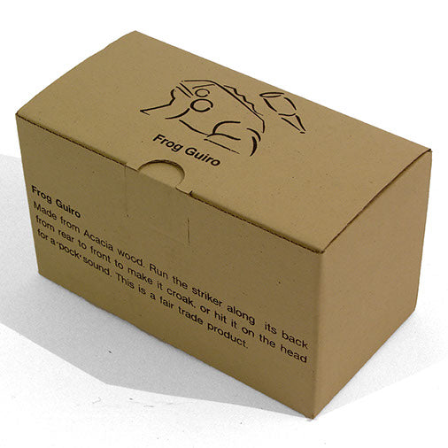 Printed kraft cardboard Frog Guiro box showing playing instructions and frog illustration