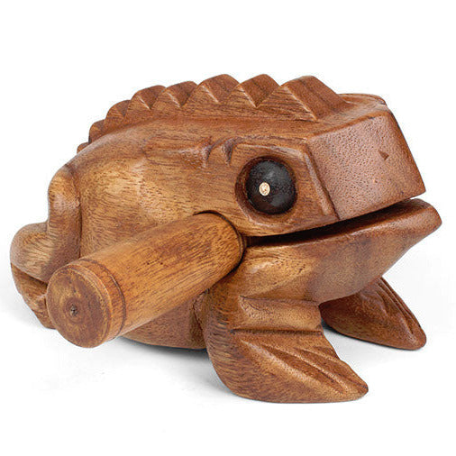 Medium carved acacia frog guiro, straight front view on white background showing broad body and dark eye