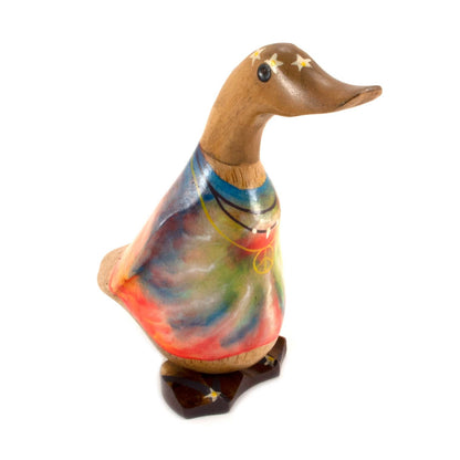 Bamboo root duck with tie-dye body and peace symbol pendant, three-quarter view on white background