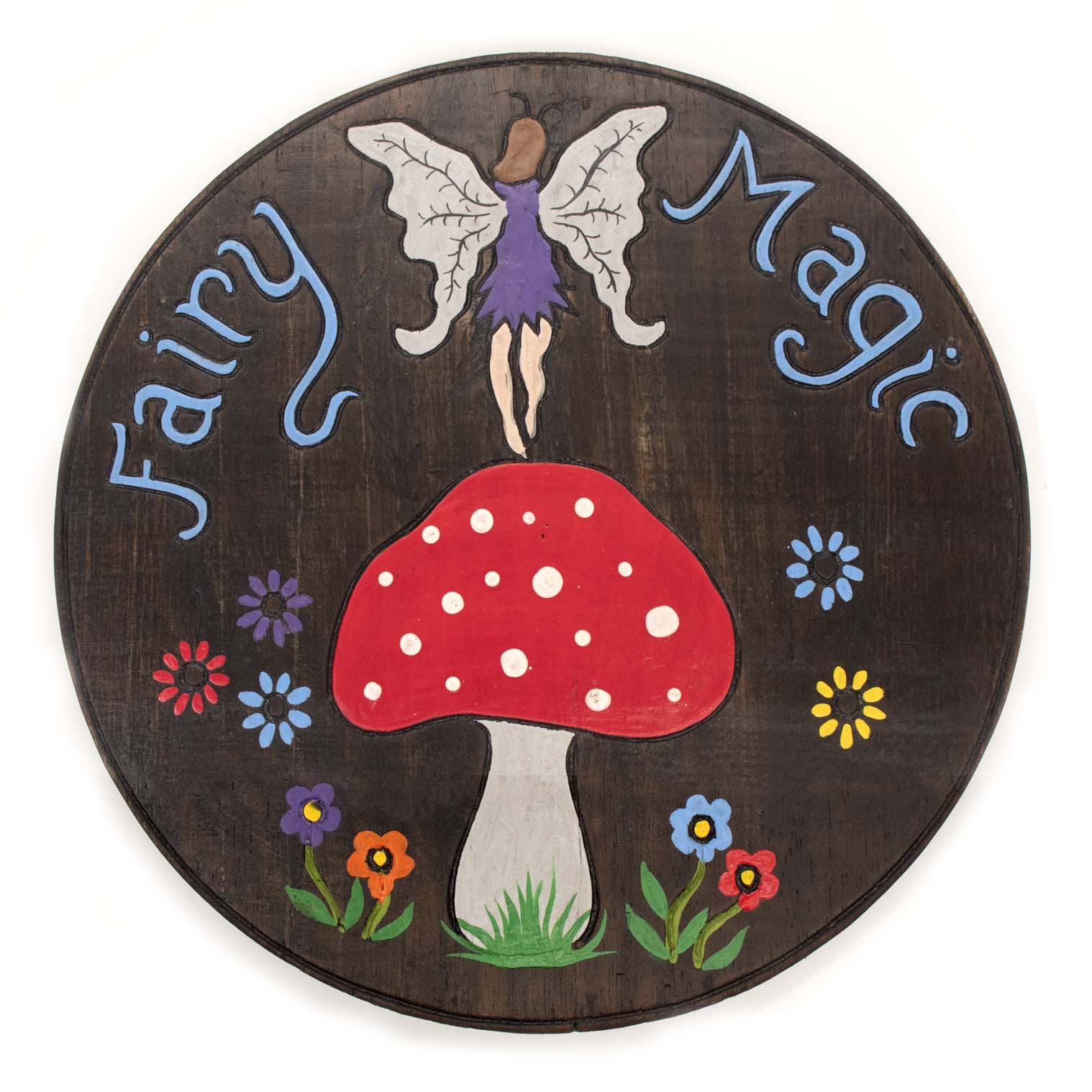 Front view of Fairy Magic painted wood disc on white background, fairy with grey wings standing on red-capped toadstool